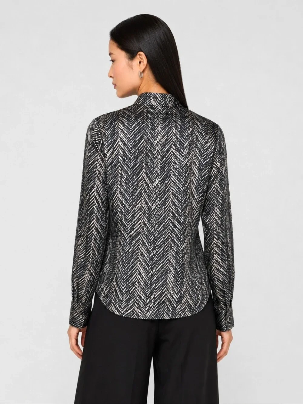Lafayette 148 Gray Silk Print Bow Long Sleeve Button-Up Blouse - Picture 2 of 7